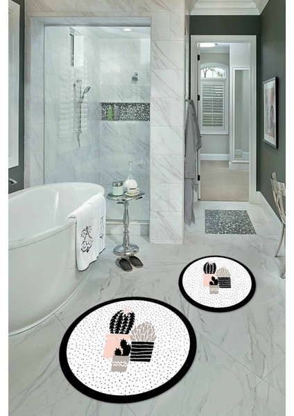 Dijital Baskılı Kaymaz Yıkanabilir Kaktüs Yuvarlak Ikili Banyo Takımı, N-Y-Klozet-22-Beyaz,