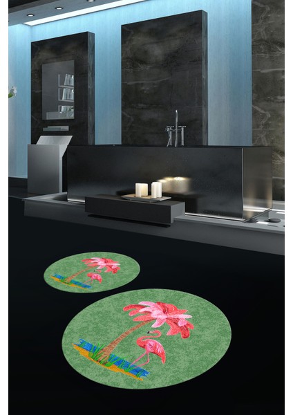 Dijital Baskılı Kaymaz Taban Yıkanabilir Yuvarlak Ikili Banyo Takımı, N-Y-Klozet-30-Yeşil,