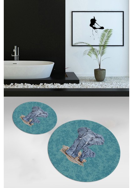 Dijital Baskılı Kaymaz Yıkanabilir Fil Desen Yuvarlak Ikili Banyo Takımı, N-Y-Klozet-33-Mavi,