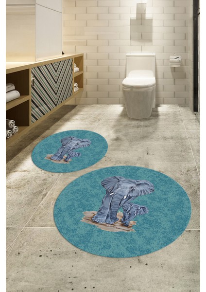 Dijital Baskılı Kaymaz Yıkanabilir Fil Desen Yuvarlak Ikili Banyo Takımı, N-Y-Klozet-33-Mavi, modelleri