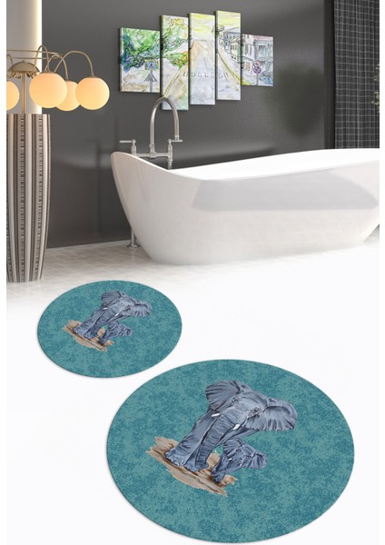 Dijital Baskılı Kaymaz Yıkanabilir Fil Desen Yuvarlak Ikili Banyo Takımı, N-Y-Klozet-33-Mavi, indirimleri