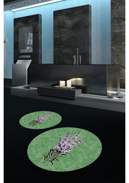 Dijital Baskılı Kaymaz Taban Yıkanabilir Yuvarlak Ikili Banyo Takımı, N-Y-Klozet-29-Yeşil,