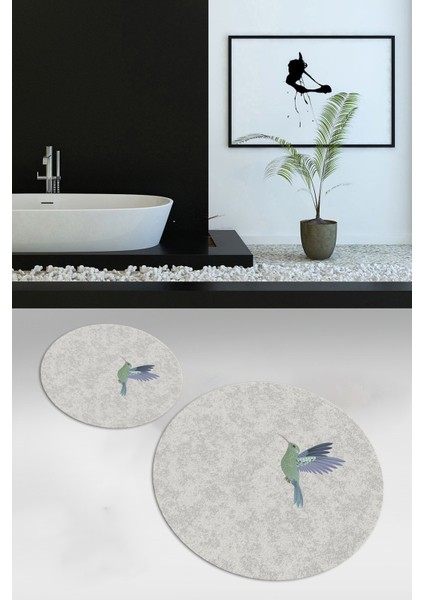 Dijital Baskılı Kaymaz Yıkanabilir Kuş Desen Yuvarlak Ikili Banyo Takımı, N-Y-Klozet-36-Gri,