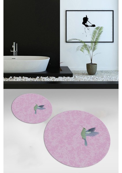 Dijital Baskılı Kaymaz Yıkanabilir Kuş Desen Yuvarlak Ikili Banyo Takımı, N-Y-Klozet-36-Pembe,