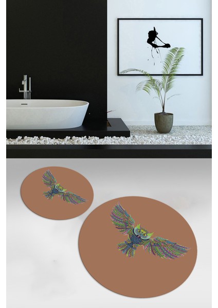 Dijital Baskılı Kaymaz Yıkanabilir Kuş Desen Yuvarlak Ikili Banyo Takımı, N-Y-Klozet-37-Kahve,
