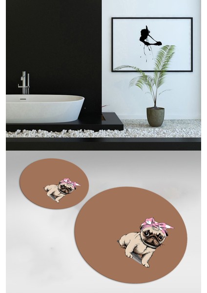 Dijital Baskılı Kaymaz Yıkanabilir Köpek Desen Yuvarlak Ikili Banyo Takımı, N-Y-Klozet-38-Kahve,
