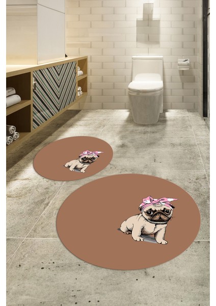 Dijital Baskılı Kaymaz Yıkanabilir Köpek Desen Yuvarlak Ikili Banyo Takımı, N-Y-Klozet-38-Kahve, modelleri