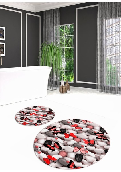 3D Dijital Baskılı Kaymaz Taban Yıkanabilir Yuvarlak Ikili Banyo Takımı, N-Y-Klozet-44-Kırmızı,