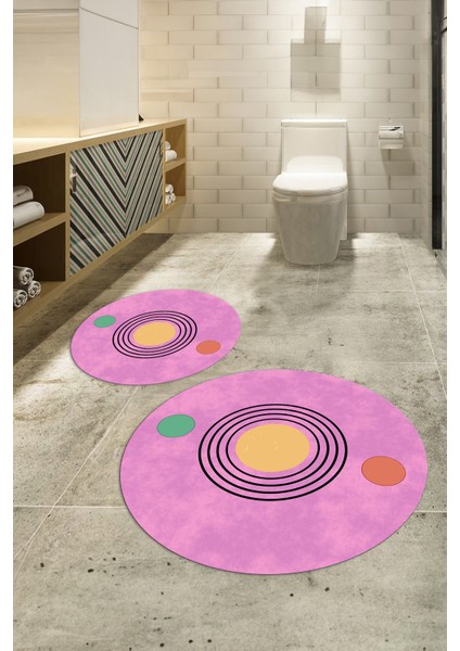 Dijital Baskılı Kaymaz Taban Yıkanabilir Yuvarlak Ikili Banyo Takımı, N-Y-Klozet-49-Pembe,