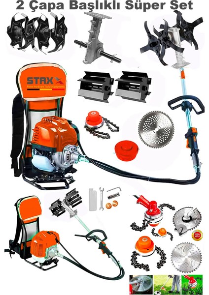Benzinli 14HPX Çim Çayır Ot Biçme Bahçe Bakımı Sırt Tipi Tırpan + 2'li Süper Set Çapa Başlığı