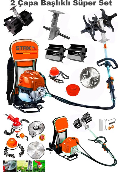 Benzinli 14HPX Çim Çayır Ot Biçme Bahçe Bakımı Sırt Tipi Tırpan + 2'li Süper Set Çapa Başlığı