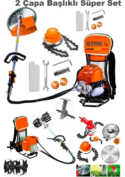 Benzinli 14HPX Çim Çayır Ot Biçme Bahçe Bakımı Sırt Tipi Tırpan + 2'li Süper Set Çapa Başlığı