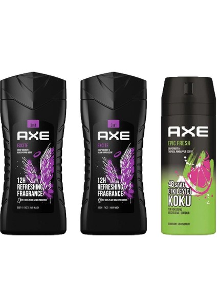 Excite 3in1 Erkek Duş Jeli 250ml X2 Adet + Epic Fresh Erkek Deodorant 150ml 2li Set