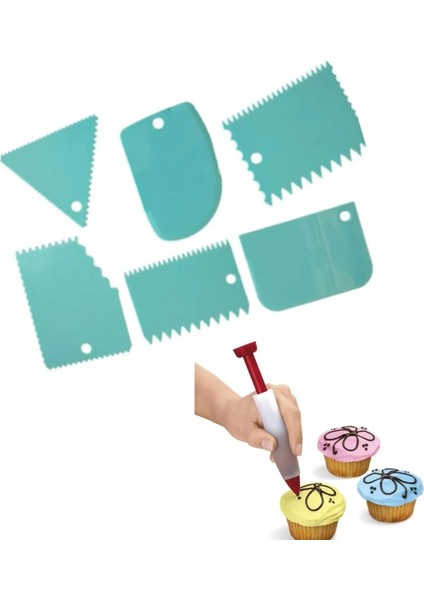 Pasta Dekor Tarağı 6lı + Pasta Dekor Kalemi Seti Pasta Sıvama Tarağı Hamur Kesici Yazı Kalemi