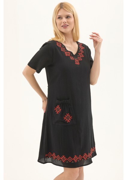 Şile Bezi Siyah Kısa Kol Kruvaze Yaka Nakışlı Yazlık Midi Elbise modelleri