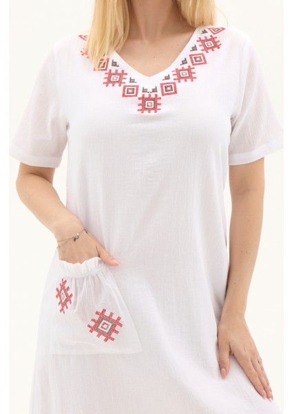 Şile Bezi Beyaz Kısa Kol Kruvaze Yaka Nakışlı Yazlık Midi Elbise fırsatları