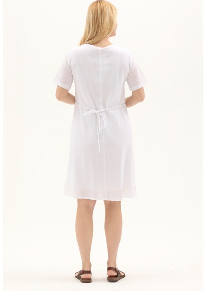 Şile Bezi Beyaz Kısa Kol Kruvaze Yaka Nakışlı Yazlık Midi Elbise indirimleri