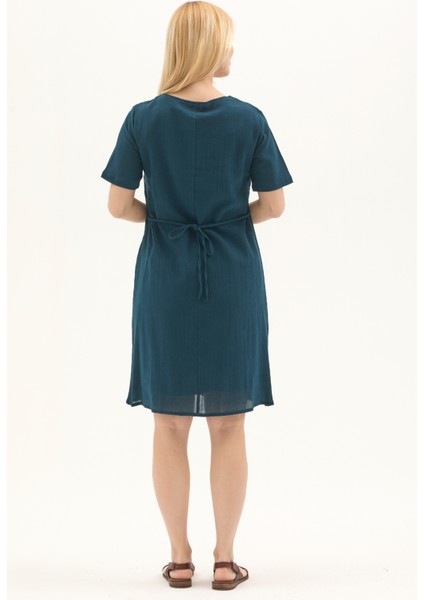 Şile Bezi Petrol Kısa Kol Kruvaze Yaka Nakışlı Yazlık Midi Elbise indirimleri