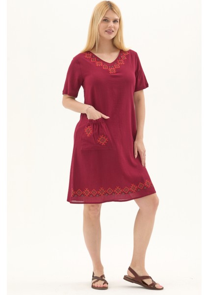 Şile Bezi Bordo Kısa Kol Kruvaze Yaka Nakışlı Yazlık Midi Elbise