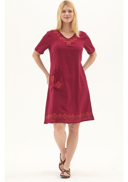 Şile Bezi Bordo Kısa Kol Kruvaze Yaka Nakışlı Yazlık Midi Elbise modelleri