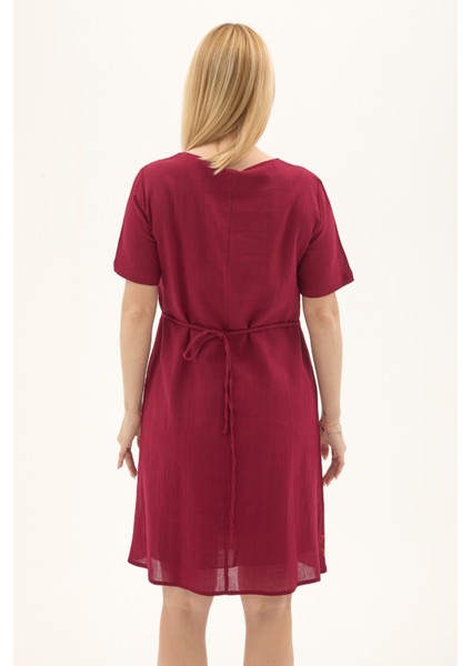 Şile Bezi Bordo Kısa Kol Kruvaze Yaka Nakışlı Yazlık Midi Elbise indirimleri