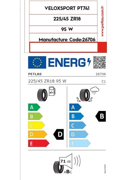 225/45 R18 95W Reinf Veloxsport Pt741 Oto Yaz Lastiği ( Üretim Yılı: 2024) fiyatları