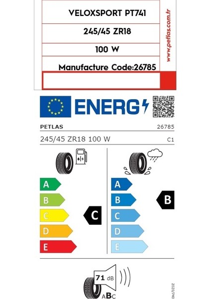 245/45 R18 100W Reinf Veloxsport Pt741 Oto Yaz Lastiği ( Üretim Yılı: 2024 )