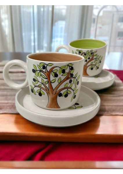 Dekoratif Şık Zeytin Ağacı Tasarımlı Tamamen El Yapımı 2 Kişilik Çay Kahve Fincan Seti