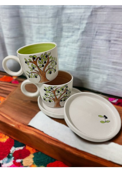 Dekoratif Şık Zeytin Ağacı Tasarımlı Tamamen El Yapımı 2 Kişilik Çay Kahve Fincan Seti
