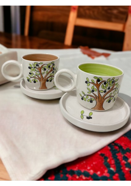 Dekoratif Şık Zeytin Ağacı Tasarımlı Tamamen El Yapımı 2 Kişilik Çay Kahve Fincan Seti