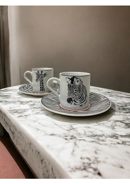 Dekoratif Şık Tasarım Siyah Beyaz Zebra ve Zürafa Motifli 2 Kişilik Kahve Fincan Seti.