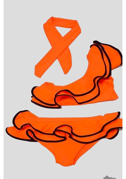 Yeni Sezon Tek Omuz Fırfırlı Bandanalı Cutout Dekolite Modelli Kız Çocuk Bikini Takımı