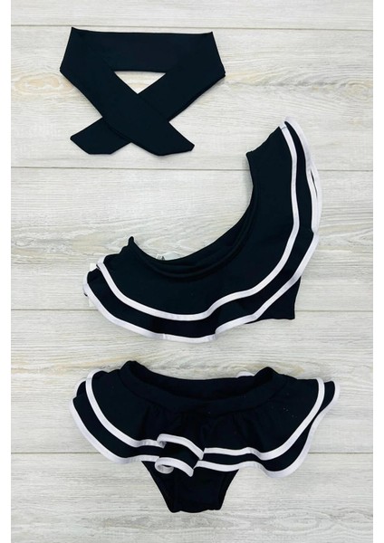 Yeni Sezon Tek Omuz Fırfırlı Bandanalı Cutout Dekolite Modelli Kız Çocuk Bikini Takımı