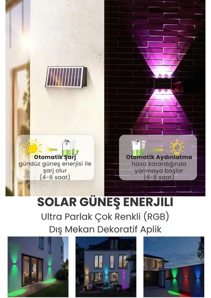 2ADET Solar Çift Taraflı 6ledli Aplik Rgb Işık Duvar Lamba Bahçe Aydınlatma Güneşle Şarj