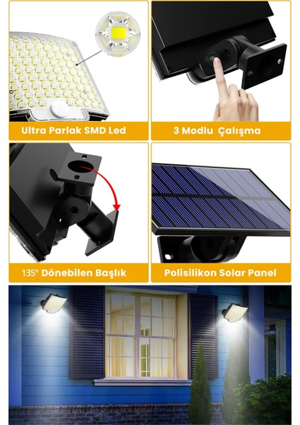 Solar Ultra Parlak Smm 110 Ledli Hareket Sensörlü 3 Modlu Bahçe Aydınlatma Lamba