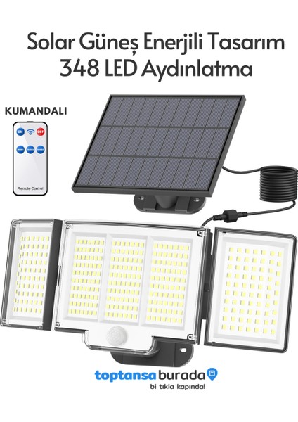 Solar Güneş Enerjili 348 Ledli Kumandalı Hareket Sensörlü 3 Modlu Bahçe Aydınlatma Lamba
