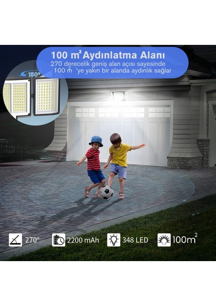 Solar Güneş Enerjili 348 Ledli Kumandalı Hareket Sensörlü 3 Modlu Bahçe Aydınlatma Lamba