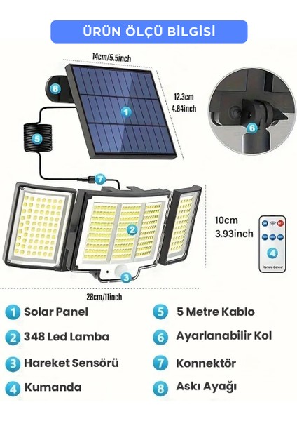 Solar Güneş Enerjili 348 Ledli Kumandalı Hareket Sensörlü 3 Modlu Bahçe Aydınlatma Lamba