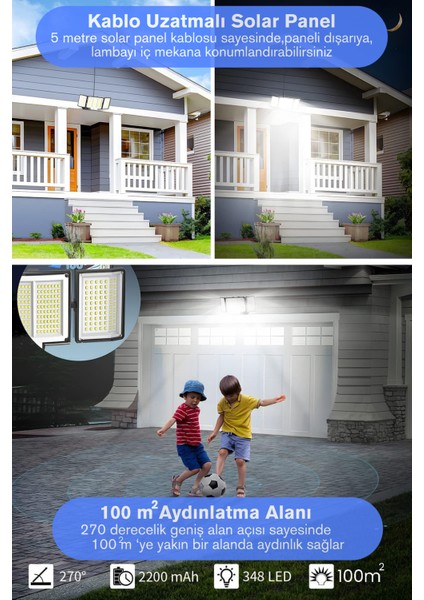 Solar Ultra Parlak 348 Ledli 3 Modlu Kumandalı Hareket Sensörlü Bahçe Aydınlatma Lamba