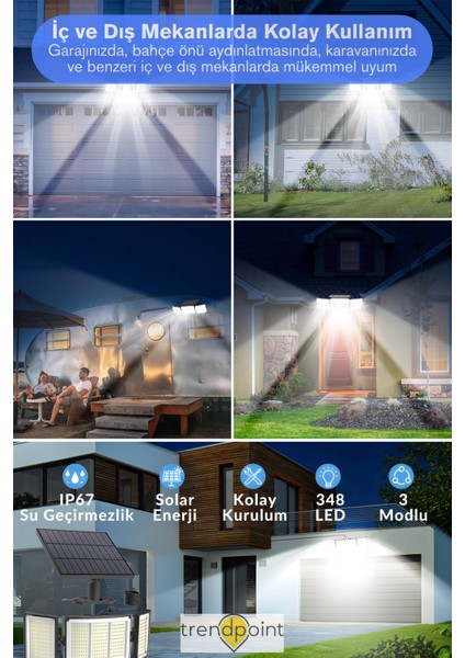 Solar Ultra Parlak 348 Ledli 3 Modlu Kumandalı Hareket Sensörlü Bahçe Aydınlatma Lamba