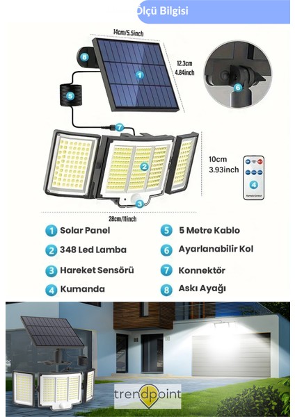 Solar Ultra Parlak 348 Ledli 3 Modlu Kumandalı Hareket Sensörlü Bahçe Aydınlatma Lamba