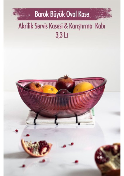 Akrilik Barok Mürdüm Büyük Oval Meyve & Salata Kasesi & Karıştırma Kabı / 3,3 Lt (Cam Değildir)