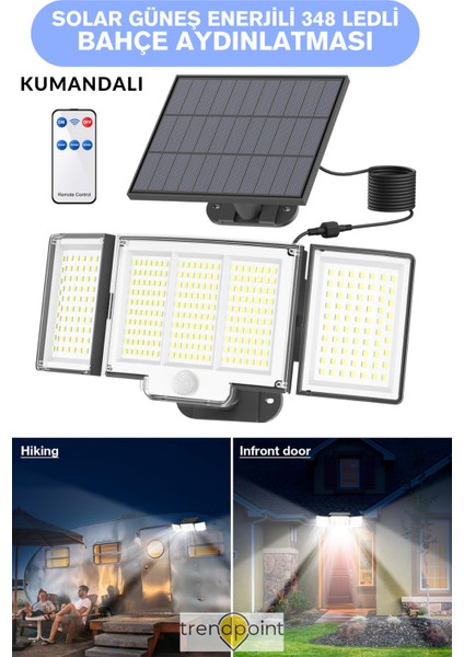 Solar Ultra Parlak 348 Ledli 3 Modlu Kumandalı Hareket Sensörlü Bahçe Aydınlatma Lamba