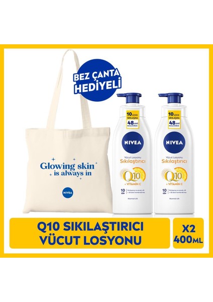 Q10 Sıkılaştırıcı Vücut Losyonu 10 Günde Sıkılaşma, C Vitamini, Bez Çanta Hediyeli 400 ml x 2 Adet,