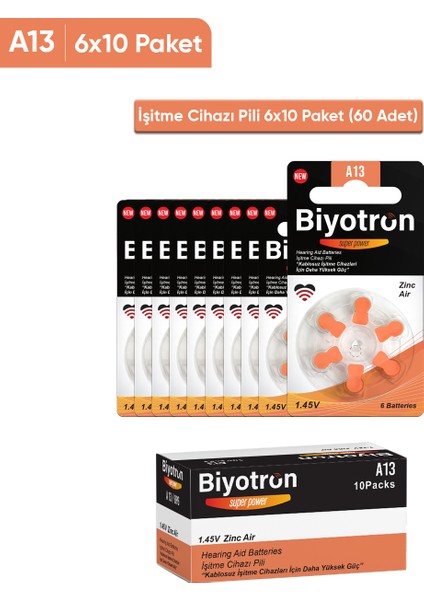 Premium A13 İşitme Cihazı Pili 6x10 (60 Adet)