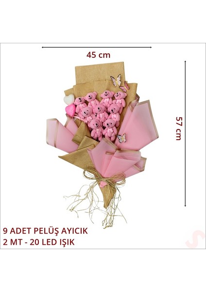 9 Pelüş Ayıcıklı ve LED Işıklı Buket, 57CM x 45CM - Pembe fiyatları