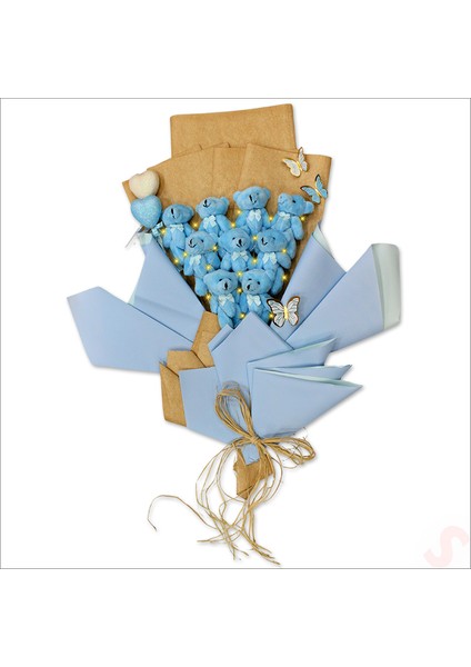 9 Pelüş Ayıcıklı ve LED Işıklı Buket, 57CM x 45CM - Mavi