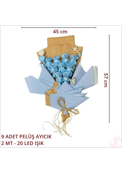 9 Pelüş Ayıcıklı ve LED Işıklı Buket, 57CM x 45CM - Mavi fiyatları