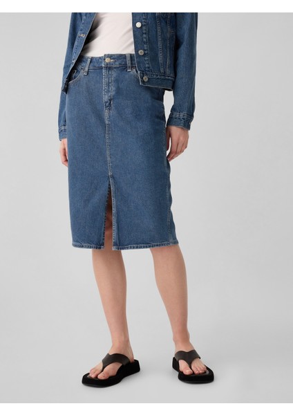 Kadın Mavi Denim Midi Kalem Etek