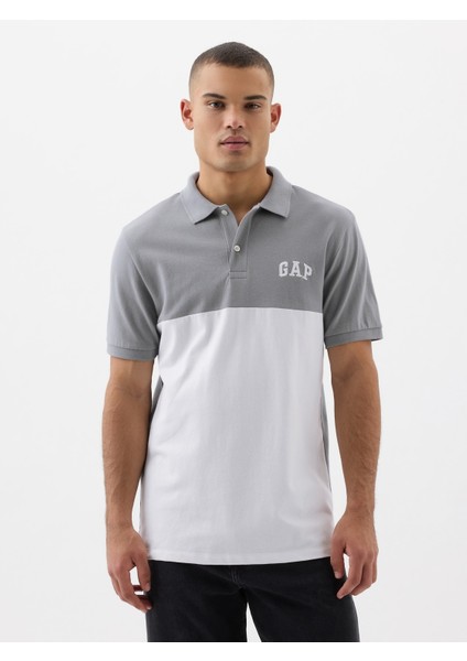 Erkek Gri Gap Logo Colorblock Pique Polo Yaka T-Shirt